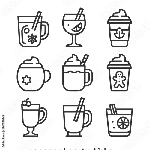Seasonal Drink Icons. Outline icon set of seasonal party drinks: hot apple cider, mulled wine, pumpkin spice latte, eggnog, spiced