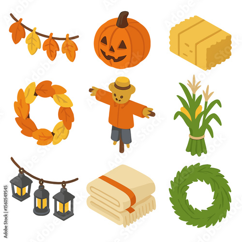 Seasonal Icon Set. Isometric Flat icon set of seasonal decorations: leaf garland, pumpkin lantern, hay bale, corn stalk bundle,