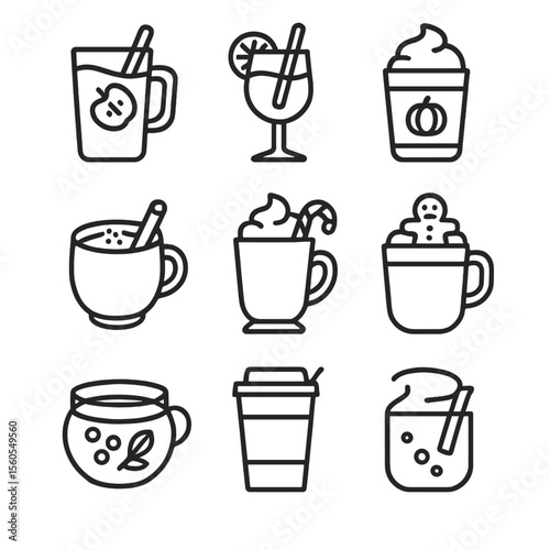 Seasonal Drink Icons. Outline icon set of seasonal party drinks: hot apple cider, mulled wine, pumpkin spice latte, eggnog, spiced