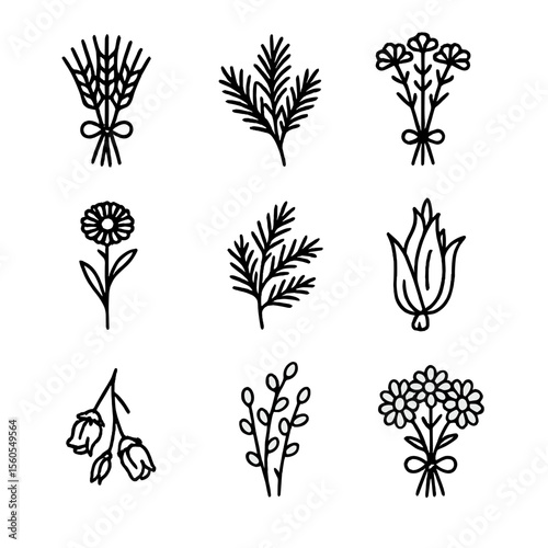 Seasonal Flower Icon Set. Outline icon set of Seasonal Dried Flower Arrangements: autumn wheat sheaf, winter pine sprig, spring