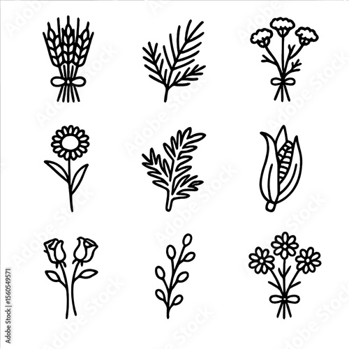 Seasonal Flower Icon Set. Outline icon set of Seasonal Dried Flower Arrangements: autumn wheat sheaf, winter pine sprig, spring