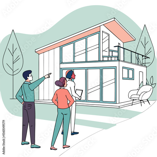 Three people looking at a modern house with large windows and a balcony with trees in the background view