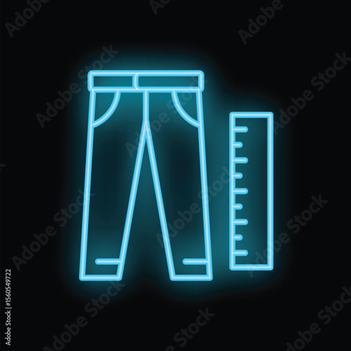 Glowing neon line icon of pants with ruler is illustrating clothing size