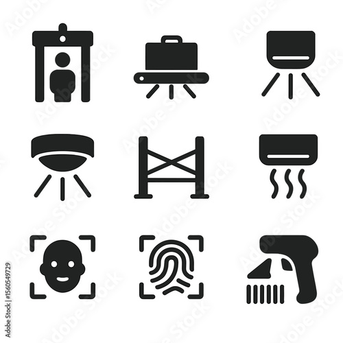 Security Rays Icon Set. Solid, filled icon set of rays in security and scanning: metal detector ray, X-ray baggage scan, infrared