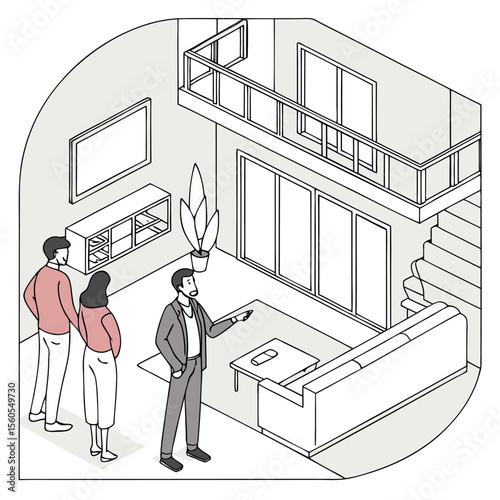 Isometric view of a real estate agent showing a couple a modern house interior with furniture and balcony