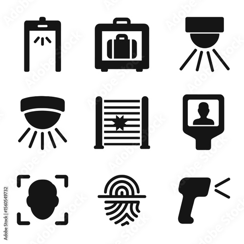 Security Rays Icon Set. Solid, filled icon set of rays in security and scanning: metal detector ray, X-ray baggage scan, infrared