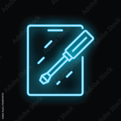 Bright glowing blue neon screwdriver repairing smartphone screen icon on black background