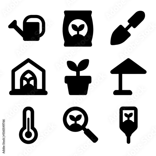 Seedling Growth Tools Icons. Solid, filled icon set of Seedling growth tools: watering can, fertilizer bag, garden trowel,