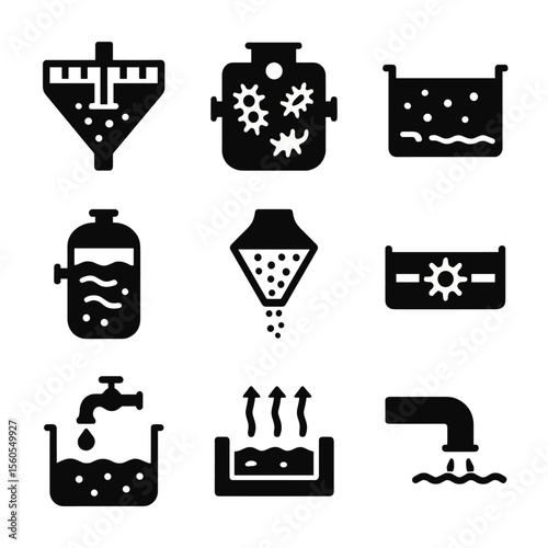 Sewer Treatment Icons. Solid, filled icon set of sewer treatment processes: primary clarifier, biological reactor, aeration tank,