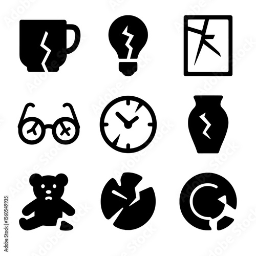 Shattered Objects Icons. Solid, filled icon set of shattered objects in daily life: broken coffee cup, shattered light bulb,