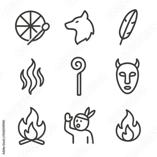 Shamanic Journey Icons. Outline icon set of Shamanic Drum and Spirit Journey: drum, drumstick, spirit animal silhouette, feather,