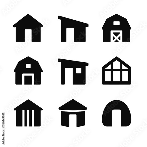 Shed Icons Collection. Solid, filled icon set of shed design types: gable roof shed, lean-to shed, saltbox shed, barn-style shed,