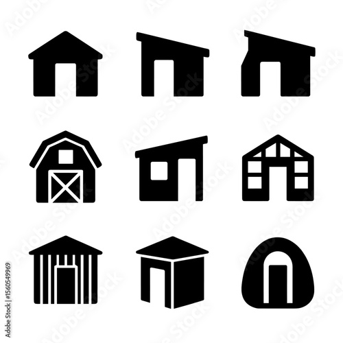 Shed Icons Collection. Solid, filled icon set of shed design types: gable roof shed, lean-to shed, saltbox shed, barn-style shed,