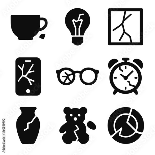 Shattered Objects Icons. Solid, filled icon set of shattered objects in daily life: broken coffee cup, shattered light bulb,