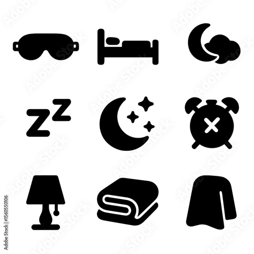 Sleep Icon Set. Solid, filled icon set of sleep and recovery: sleep mask, bed, crescent moon, dream cloud, ZZZ symbol, starry