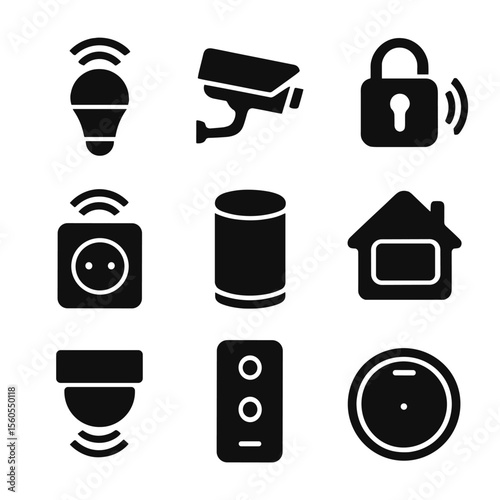 Smart Home Icons. Solid, filled icon set of smart home devices: smart light bulb, security camera, smart lock, smart plug, voice