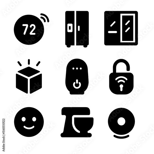 Smart Home Icons Grid. Solid, filled icon set of smart home devices: AI thermostat, smart fridge, window tint controller, ambient