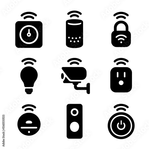 Smart Home Icon Set. Solid, filled icon set of smart home devices: smart thermostat, smart speaker, smart lock, smart light,