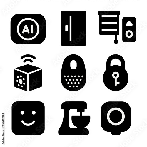 Smart Home Icons Grid. Solid, filled icon set of smart home devices: AI thermostat, smart fridge, window tint controller, ambient