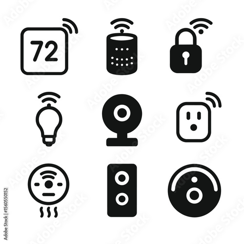 Smart Home Icon Set. Solid, filled icon set of smart home devices: smart thermostat, smart speaker, smart lock, smart light,