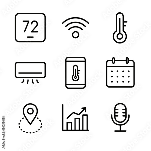 Smart Thermostat Icons. Outline icon set of smart thermostat and controls: smart thermostat display, Wi-Fi icon, temperature