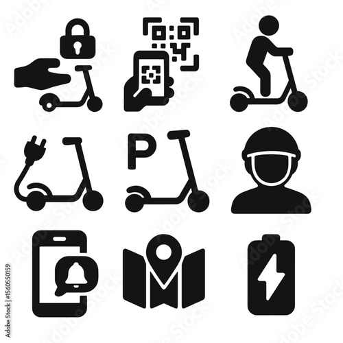 Smart Mobility Icons. Solid, filled icon set of smart mobility user actions: unlocking scooter, scanning QR code, riding, charging