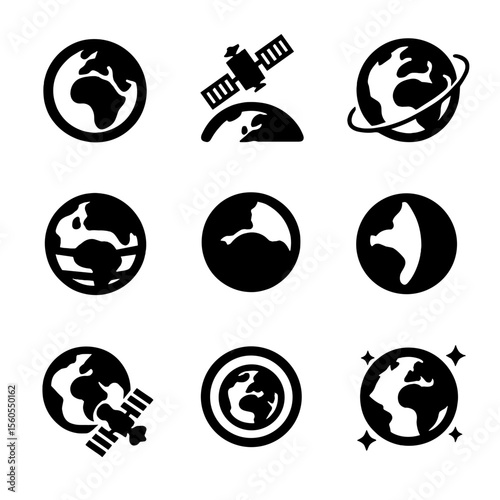 Earth Icons Set. icon set of Earth from space: globe silhouette, satellite, orbit line, sun reflection, cloud layer, terminator