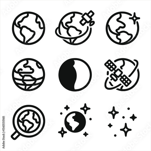 Earth Space Icons. Outline icon set of Earth from space: globe silhouette, satellite, orbit line, sun reflection, cloud layer,
