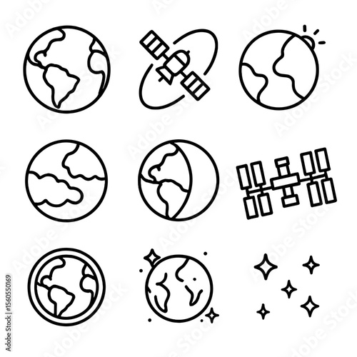Earth Space Icons. Outline icon set of Earth from space: globe silhouette, satellite, orbit line, sun reflection, cloud layer,