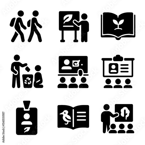 Eco Education Icons. Solid, filled icon set of eco education activities: nature walk, info board, plant ID guide, recycling demo,
