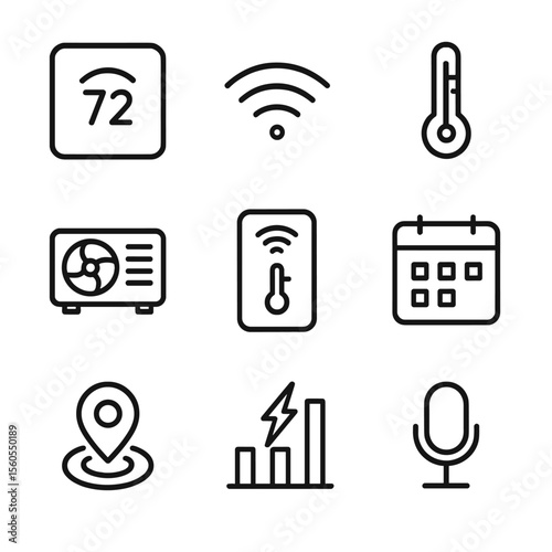 Smart Thermostat Icons. Outline icon set of smart thermostat and controls: smart thermostat display, Wi-Fi icon, temperature