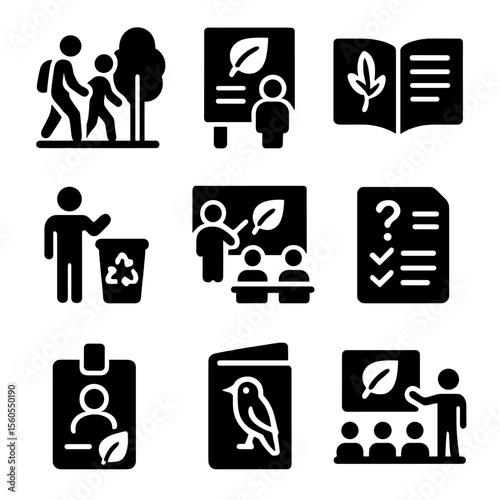 Eco Education Icons. Solid, filled icon set of eco education activities: nature walk, info board, plant ID guide, recycling demo,