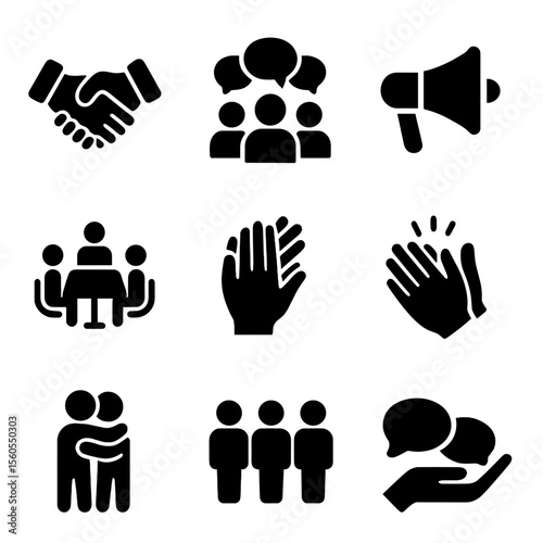 Social Interaction Icons. Solid, filled icon set of social interaction: handshake, group chat, megaphone, meeting table, applause,