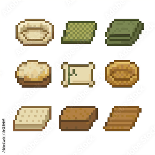 Eco Pet Bedding Icons. Pixel art icon set of eco pet bedding: organic cotton bed, hemp mat, recycled polyester blanket, wool