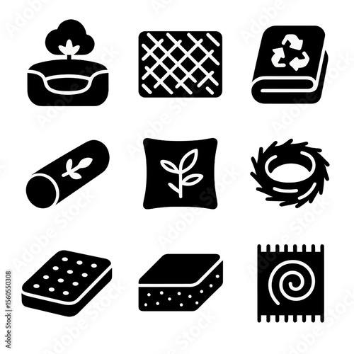 Eco Pet Bedding Icons. Solid, Filled icon set of eco pet bedding: organic cotton bed, hemp mat, recycled polyester blanket, wool