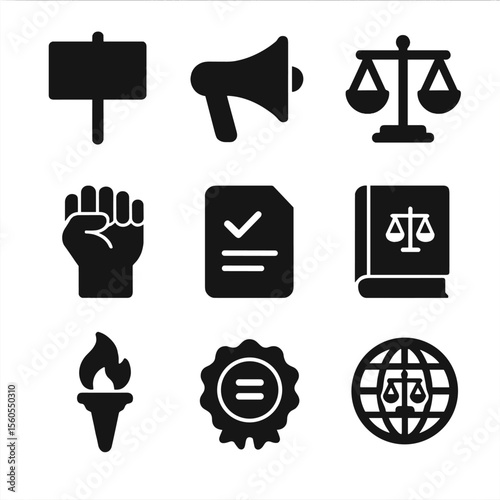 Social Justice Icons. Solid, filled icon set of social justice tools: protest banner, megaphone, balance scale, raised fist,