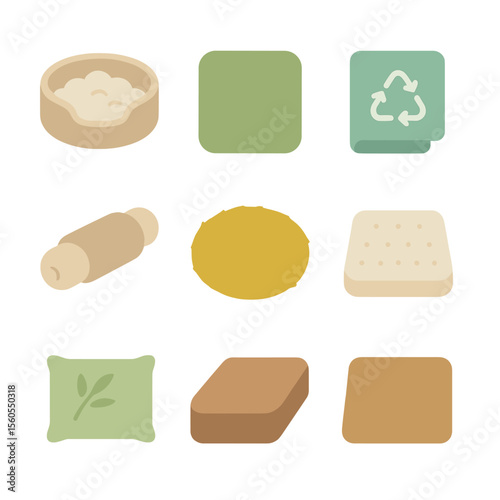 Eco Pet Bedding Icons. Flat icon set of eco pet bedding: organic cotton bed, hemp mat, recycled polyester blanket, wool bolster,