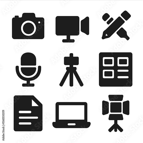 Social Media Icons. Solid, filled icon set of social media content creation: photo camera, video camera, editing tools, microphone