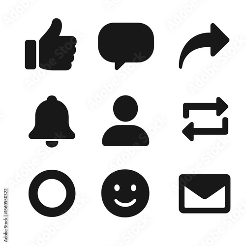 Social Media Icon Grid. Solid, filled icon set of social engagement buttons: like thumb, comment bubble, share arrow, subscribe