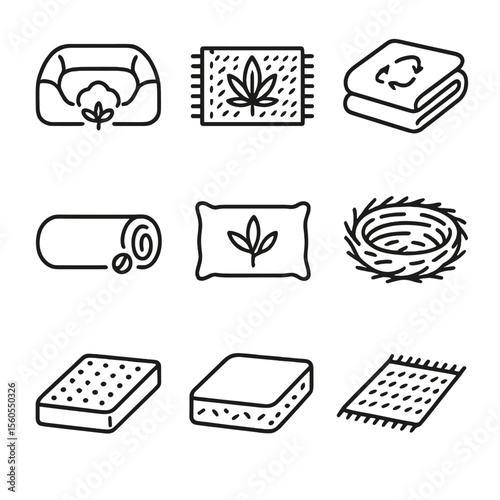 Eco Pet Bedding Icons. Outline icon set of eco pet bedding: organic cotton bed, hemp mat, recycled polyester blanket, wool bolster