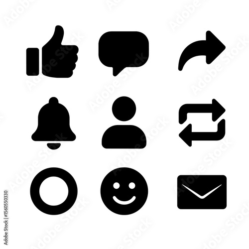 Social Media Icon Grid. Solid, filled icon set of social engagement buttons: like thumb, comment bubble, share arrow, subscribe