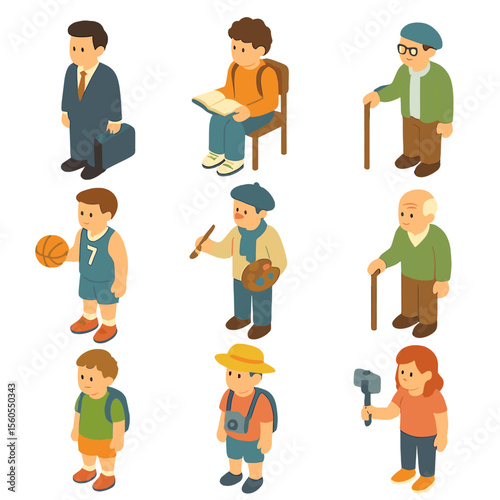 Isometric Social Roles Icons. Isometric Flat icon set of social role characters: businessman, student, musician, athlete, artist,
