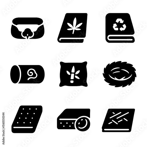 Eco Pet Bedding Icons. Solid, Filled icon set of eco pet bedding: organic cotton bed, hemp mat, recycled polyester blanket, wool