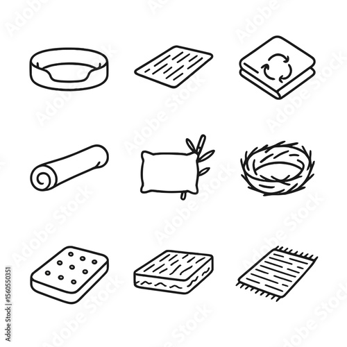 Eco Pet Bedding Icons. Outline icon set of eco pet bedding: organic cotton bed, hemp mat, recycled polyester blanket, wool bolster