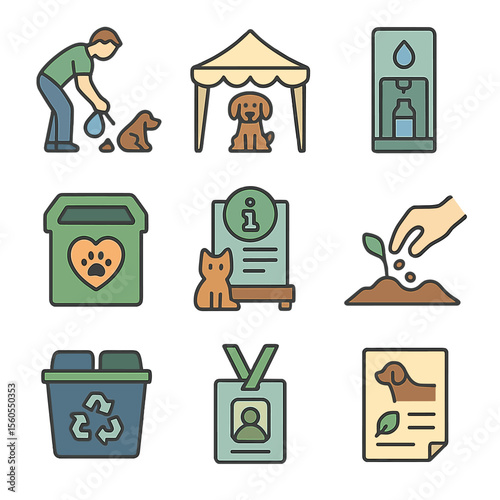 Eco Pet Initiatives Icons. Flat icon set of community eco pet initiatives: dog park clean-up, adoption fair tent, refill station,