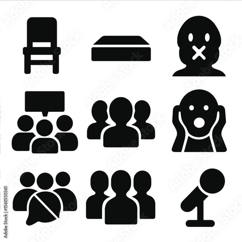 Social Silence Icons. Solid, filled icon set of social silence: empty chair, vacant stage, closed mouth crowd, silent protest sign