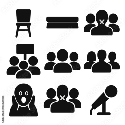 Social Silence Icons. Solid, filled icon set of social silence: empty chair, vacant stage, closed mouth crowd, silent protest sign