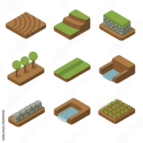 Soil Conservation Icon Set. Isometric Flat icon set of soil conservation and erosion control: contour plowing lines, terraced