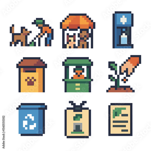 Eco Pet Icon Set. Pixel art icon set of community eco pet initiatives: dog park clean-up, adoption fair tent, refill station,