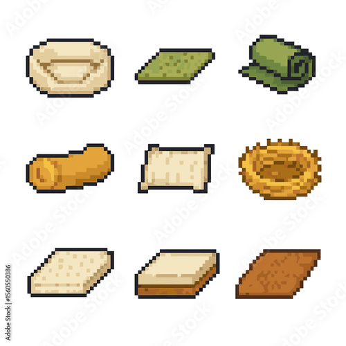 Eco Pet Bedding Icons. Pixel art icon set of eco pet bedding: organic cotton bed, hemp mat, recycled polyester blanket, wool